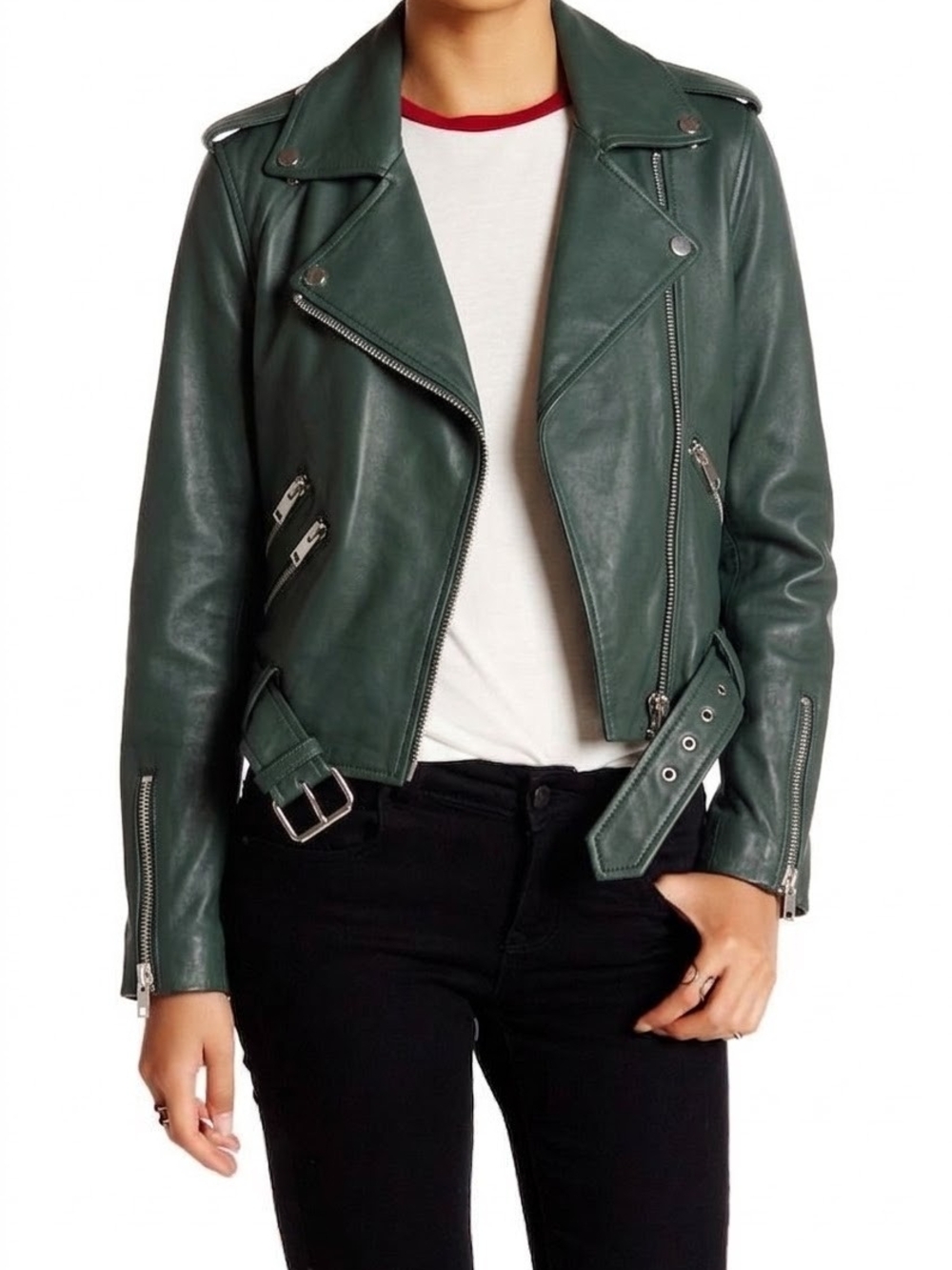 Walter Baker Alison Forest Green Leather Moto Jacket with Silver Hardware